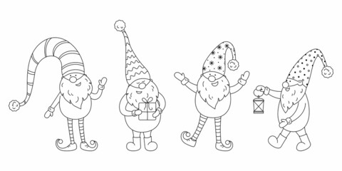 Coloring book with cartoon gnomes set of four characters. Isolated on a white background. Christmas and new year outline vector illustration