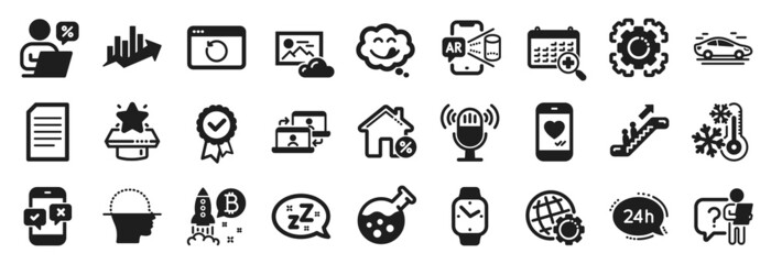 Set of Technology icons, such as Microphone, Chemistry lab, Augmented reality icons. Face scanning, Globe, Recovery internet signs. Outsource work, Document, Freezing. Medical calendar. Vector