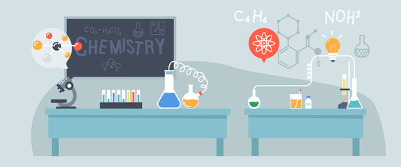 Chemistry Laboratory for Scientific Research, Lab with Science Equipment, Microscope, Chalkboard, Beakers, Test Tubes