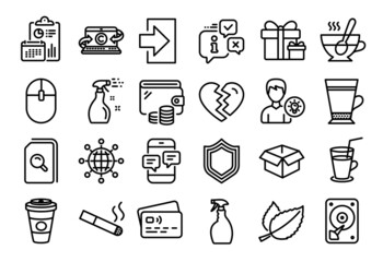 Vector set of Spray, Login and Smoking line icons set. Calendar report, Money wallet and Credit card tag. Computer mouse, Cleaning spray and Person idea icons. Vector