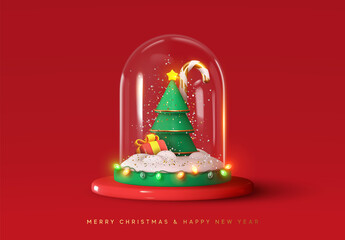 Merry Christmas and Happy New Year. Christmas winter snow glass ball, transparent dome. Realistic 3d design Xmas green tree in snow, gift box, candy cane, decoration light garland. Vector illustration - Powered by Adobe