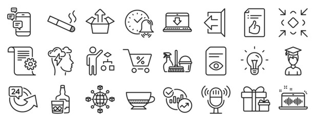 Set of line icons, such as Student, Technical documentation, Minimize icons. Smoking, Special offer, Surprise package signs. View document, Music making, Household service. Idea, 24 hours. Vector