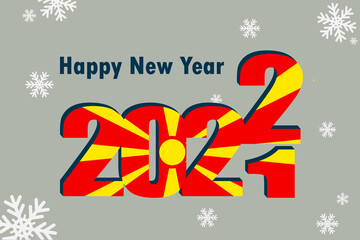 New year's card 2022. Depicted: element of the flag of North Macedonia, festive inscription and snowflakes. It can be used as an advertising poster, postcard, flyer, invitation, or website.