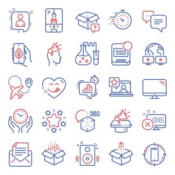 Technology icons set. Included icon as Video conference, Ecology app, Open box signs. Airplane, Brand ambassador, Online rating symbols. Augmented reality, Send box, Chemistry lab. Stars. Vector