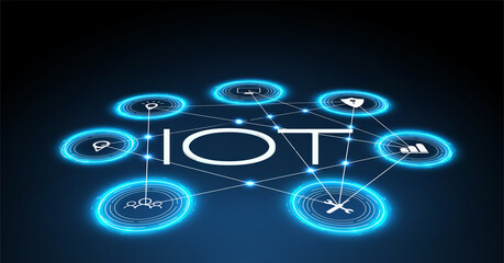 Internet of things (IoT) and networking concept for connected devices.  The concept of connecting devices via wireless IOT communication. Icons of various devices on a blue
