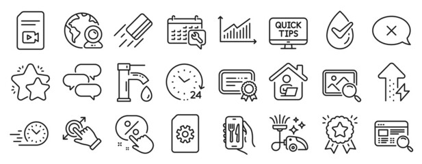 Fototapeta na wymiar Set of Technology icons, such as Graph, Work home, Fast delivery icons. Credit card, Ranking star, 24 hours signs. Website search, Spanner, Discount button. Restaurant app, Tap water, Star. Vector