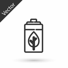 Grey line Eco nature leaf and battery icon isolated on white background. Energy based on ecology saving concept. Vector