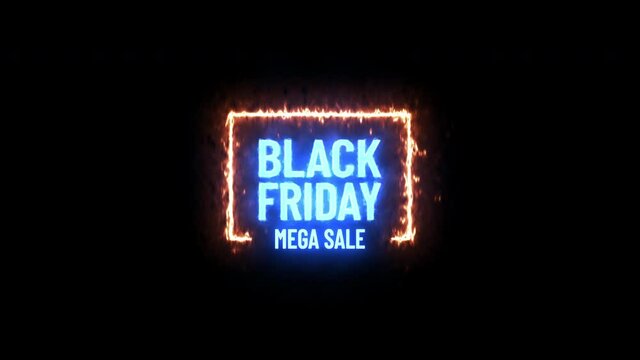 Black friday mega sale of the offer week. Frozen ice text on fire burning signboard. Motion graphic video cold and hot animation.