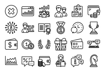 Vector set of Internet chat, Payment method and Update time line icons set. Calendar report, Money wallet and Credit card tag. Teamwork results, Usd coins and Info icons. Vector
