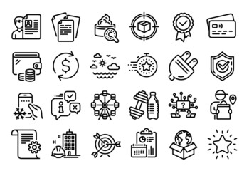 Vector set of Rank star, Timer and Delivery service line icons set. Calendar report, Money wallet and Credit card tag. Technical documentation, Refrigerator app and Dumbbell icons. Vector