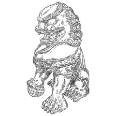 Chinese Imperial guardian lion. Used in palaces and tombs, temples, and the homes for powerful mythic protective benefits. Symbolic at the entrances and doors. Carved from decorative stone. Vector.