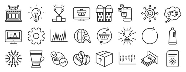 Set of line icons, such as Refresh cart, Gift box, International Ð¡opyright icons. File settings, Atm money, Service signs. Idea, Synchronize, Winner podium. Shop, Info, Statistics. Trophy. Vector