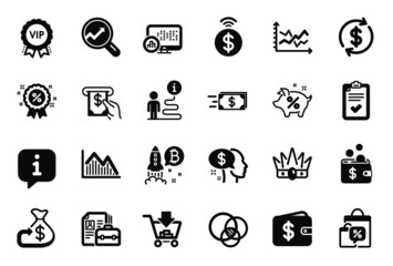 Vector Set of Finance icons related to Diagram chart, Vacancy and Investment graph icons. Crown, Shopping and Sale bags signs. Loan percent, Report statistics and Cashback. Analytics, Pay. Vector