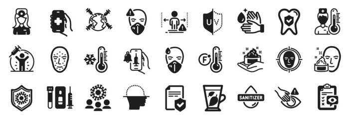 Set of Medical icons, such as Face scanning, Social distance, Sick man icons. Vaccine protection, Medical mask, Dont touch signs. Coronavirus, Uv protection, Mint leaves. Face detect. Vector