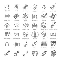 Music web icon set - outline icon set, vector, thin line icons collection