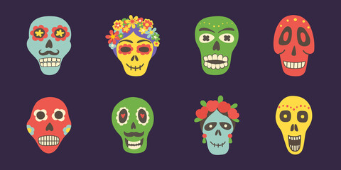 Skull hand drawn set. Catrina icon. Day of the Dead background. Mexico death party. Sugar skulls. Dia de los Muertos banner. Mexican culture poster. Calavera Halloween design. Vector illustration