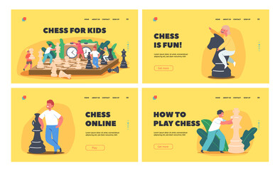 Fototapeta premium Kids Playing Chess Landing Page Template Set. Children Playing with Huge Figures on Chessboard Enjoying Logic Game