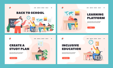 Fototapeta na wymiar Back to School Landing Page Template Set. Children with Disabilities Study, Handicapped Kids Characters on Lesson
