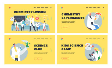 Chemistry Lesson Landing Page Template Set. Schoolkids Conduct Experiment in Class. Researchers Characters in Classroom