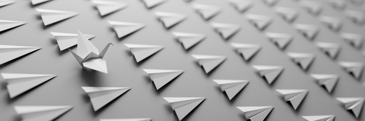 An origami bird between infinite planes all alike; leadership concepts, 3d rendering