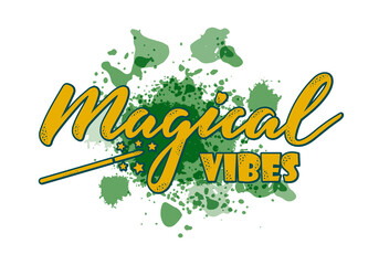 Vector illustration of magical vibes lettering for banner, advertisement, catalog, leaflet, poster, signage, product design. Handwritten creative text for digital use or print
