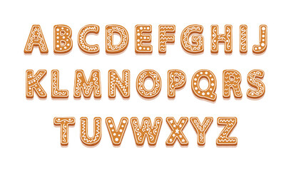 Christmas Cookies Alphabet, New Year Gingerbread Uppercase Abc with Glaze. Isolated Textured Letters on White Background