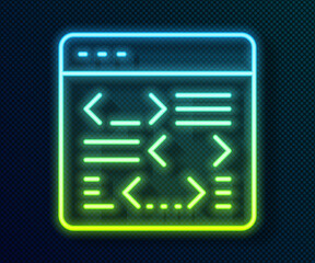 Glowing neon line Software, web developer programming code icon isolated on black background. Javascript computer script random parts of program code. Vector