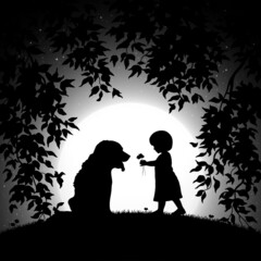 Girl and dog in park. Baby and pet silhouette. Full moon in starry sky