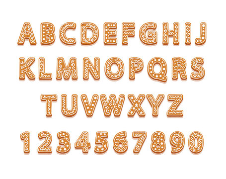 Christmas Cookies Alphabet and Numbers, Festive New Year Gingerbread Abc Font and Numerals with Glaze, Xmas Biscuit