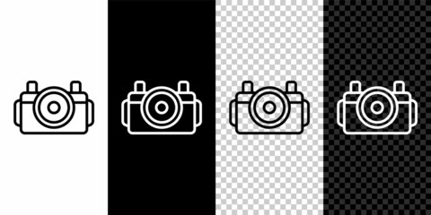 Set line Photo camera for diver icon isolated on black and white, transparent background. Foto camera icon. Diving underwater equipment. Vector