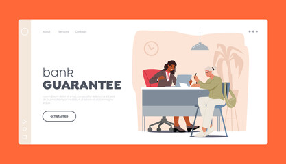 Bank Guarantee Landing Page Template. Senior Female Client Character Talking to Manager Receptionist in Bank Office