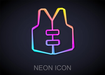 Fototapeta premium Glowing neon line Life jacket icon isolated on black background. Life vest icon. Extreme sport. Sport equipment. Vector
