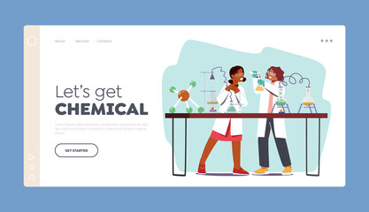 Kids in Chemistry Laboratory Landing Page Template. Education Science for Children, Characters in Lab Conduct Experiment