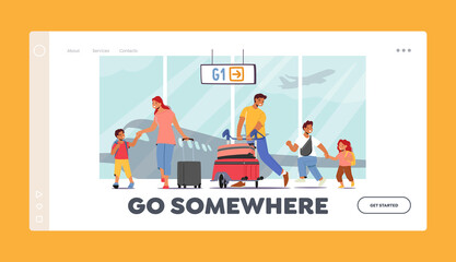 Obraz na płótnie Canvas People Go on Vacation Landing Page Template. Parents and Children in Airport, Mother and Father Travelling with Kids