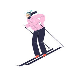 Fototapeta na wymiar Woman skiing. Female riding ski downhill enjoying winter resort, holidays and outdoor activities