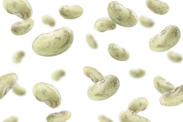 Falling beans, isolated on white background, selective focus