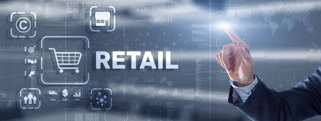 Retail concept marketing channels E-commerce Shopping automation on virtual screen