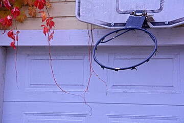 Abandoned basket ball hoop on garage door with Autumn leaves on wall. Natural lighting.