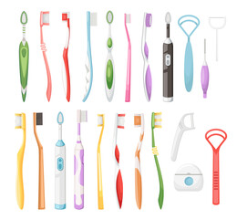 Set of Dental Care Icons. Oral Hygiene Individual Tools. Clean Mouth Home Equipment Electric Tooth Brushes, Dental Floss