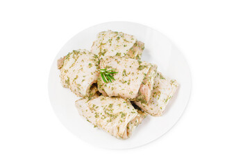 Raw marinated chicken thighs in sauce on a white isolated background. Top of view.Raw chicken marinated.Retail.Isolated object, copy space.Chicken semi-cooked thighs.