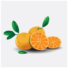 Illustration vector fruit shape orange with leaves fresh 
fruit and peel healthy, useful for posters, icons, symbols, 
other media design. on a gray background