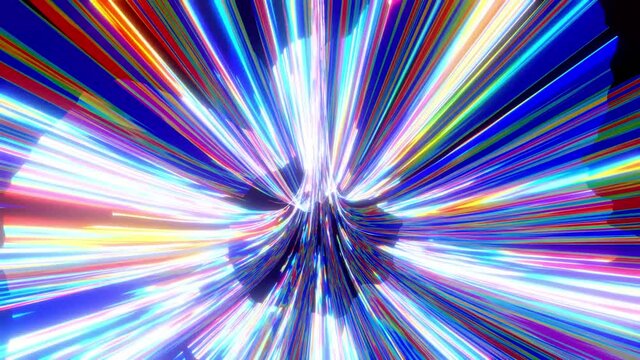 3d vj loop, abstract background with futuristic flow of multicolor glow lines. Light streaks fly pass camera or flight through data flow. Neon glowing rays in motionHi tech light flow. Speed of light.