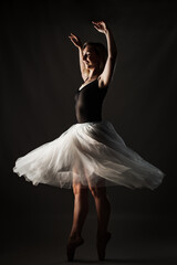 ballerina with a white dress and black top posing on gray background. © Nikola Spasenoski