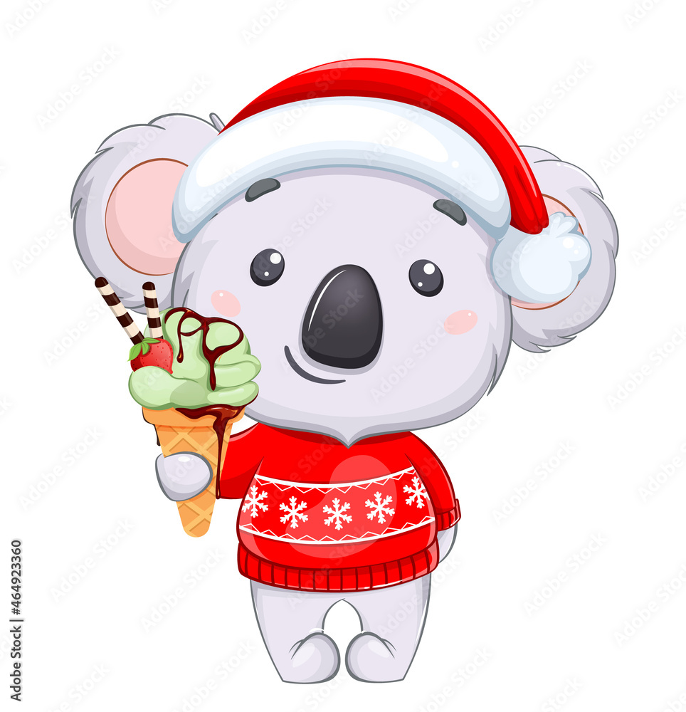 Sticker Funny koala in Santa hat holding ice-cream