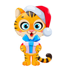 Cartoon character tiger in Santa hat with gift box