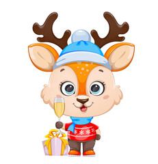 Fototapeta premium Cute baby deer holding a glass of champagne