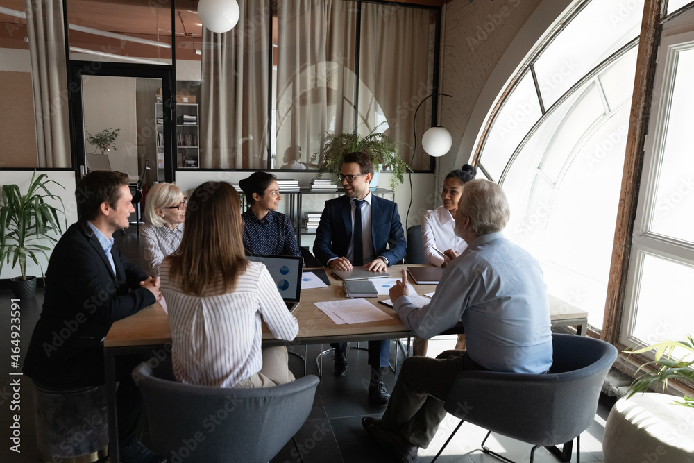 Poster round table discussion. corporate business team gather for briefing meet at office conference desk. 