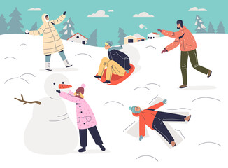 Kids have fun outdoors play snowballs, make snowman, snow angel. Children enjoy winter activities