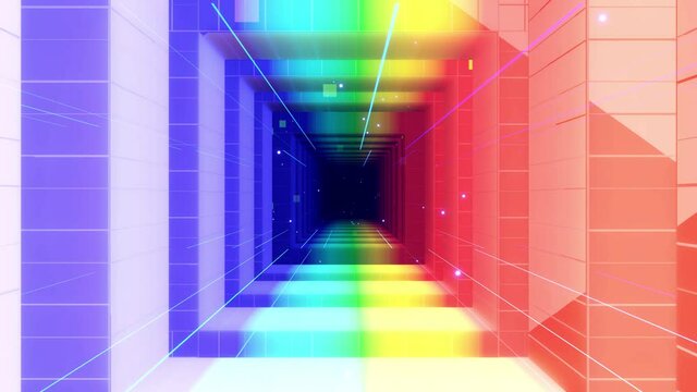 Bright beautiful geometric background. Flight through art space filled with rectangular or cubic structures, neon light. Rainbow color gradient. VJ loops. 4k 3d render motion graphics bg