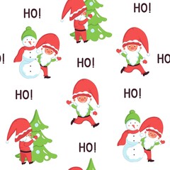 Christmas Ho ho seamless pattern with cute Santa Claus, snowman and new year tree. Vector holiday print and wrapping paper